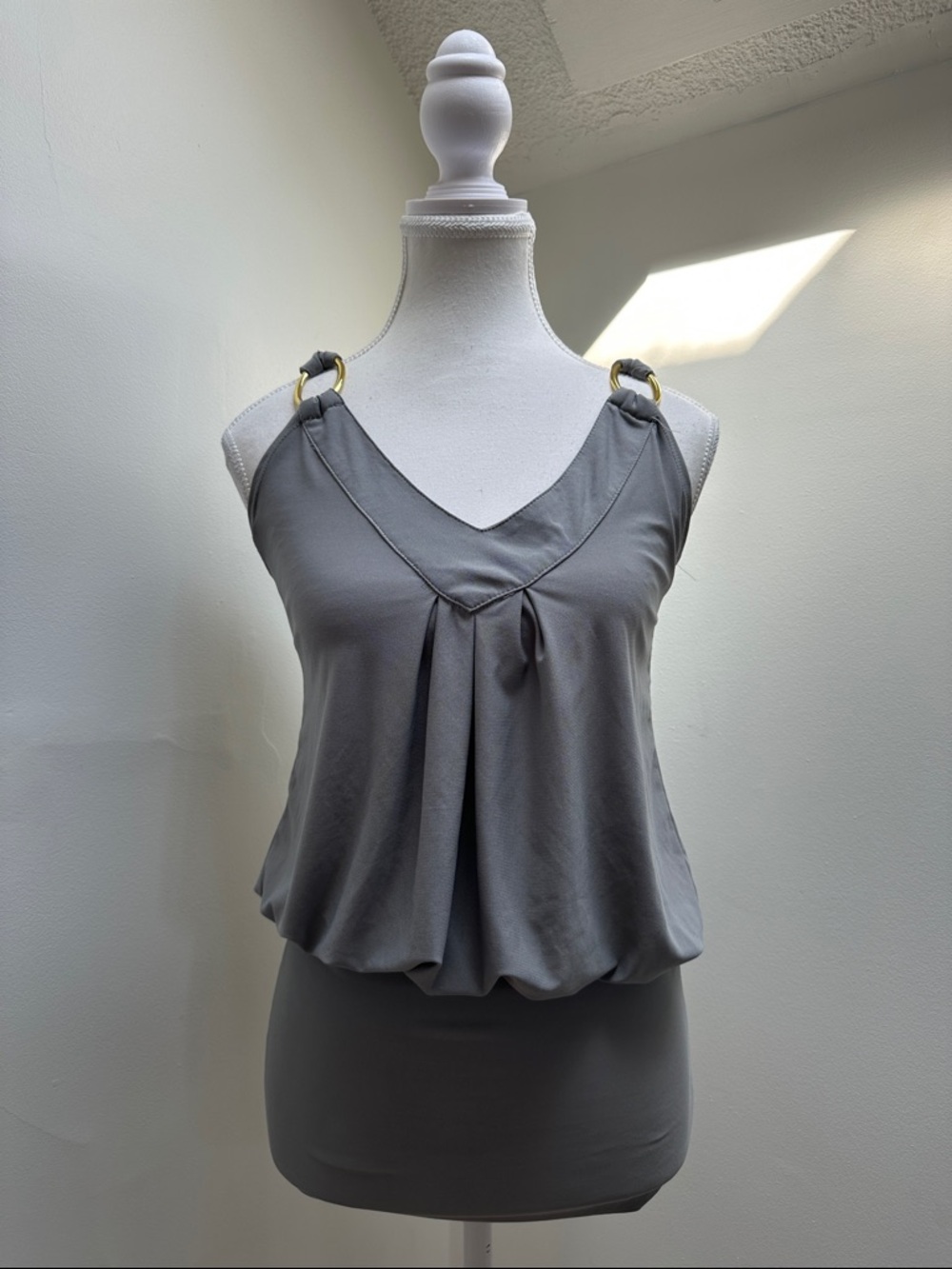 Costa Blanca Gray Sleeveless Mini Dress with Gold Ring Straps